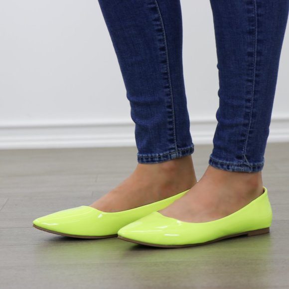 Neon Yellow Close Pointy Toe Slip Flat Shoes - Picture 5 of 8